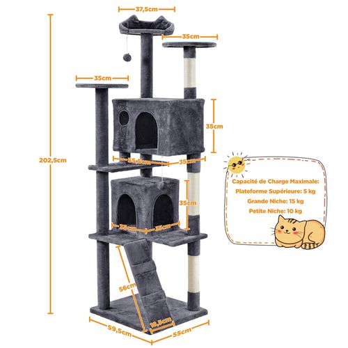 Arbre à Chat En Peluche Tour Multiniveau Avec Perchoirs Cachettes, 203 Cm H Gris Foncé