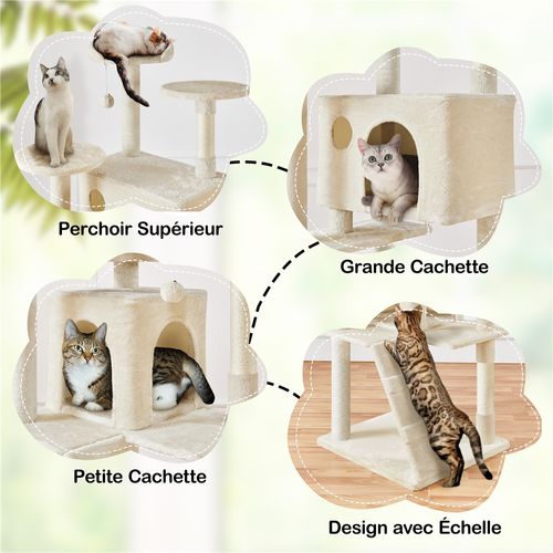 Arbre à Chat En Peluche Tour Multiniveau Avec Perchoirs Cachettes, 203 Cm H Beige