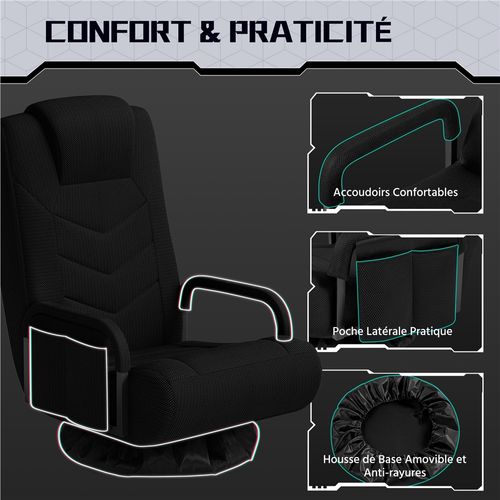 Fauteuil Gaming Au Sol Pivotant Avec Dossier Inclinable Et Coussin Appui-tête Noir