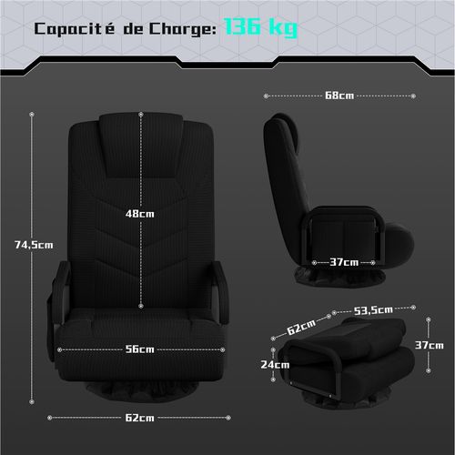Fauteuil Gaming Au Sol Pivotant Avec Dossier Inclinable Et Coussin Appui-tête Noir