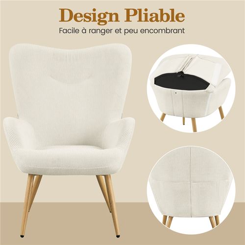 Fauteuil De Salon En Velours Côtelé Avec Pieds En Métal Effet Du Bois, Beige