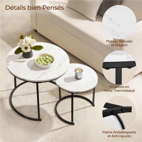 Ensemble De Table Gigogne En Bois 2 Tables Basses Rondes Avec Armature En Métal Blanc Marbré