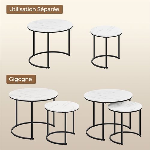 Ensemble De Table Gigogne En Bois 2 Tables Basses Rondes Avec Armature En Métal Blanc Marbré