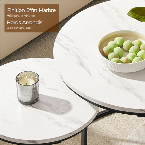 Ensemble De Table Gigogne En Bois 2 Tables Basses Rondes Avec Armature En Métal Blanc Marbré