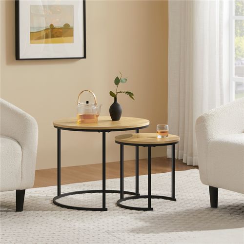 Ensemble De Table Gigogne En Bois 2 Tables Basses Rondes Avec Armature En Métal, Chêne