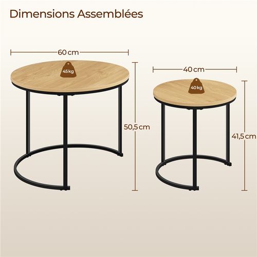 Ensemble De Table Gigogne En Bois 2 Tables Basses Rondes Avec Armature En Métal, Chêne