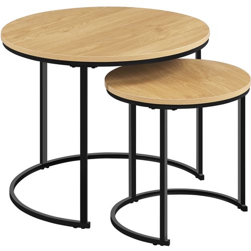 Ensemble De Table Gigogne En Bois 2 Tables Basses Rondes Avec Armature En Métal, Chêne