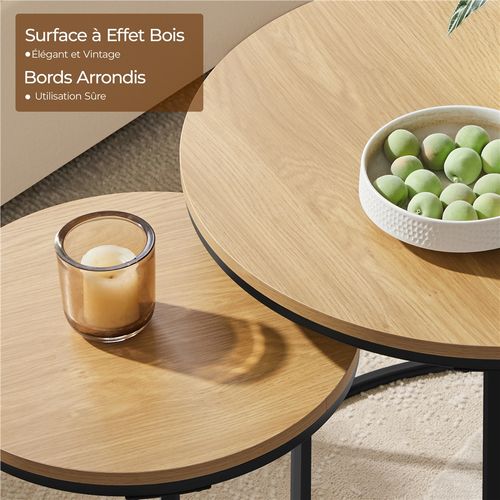 Ensemble De Table Gigogne En Bois 2 Tables Basses Rondes Avec Armature En Métal, Chêne