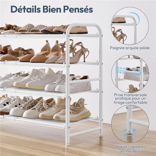 Étagère à Chaussures Extensible à 4 Niveaux En Maille Métallique Organisateur Aéré Blanc