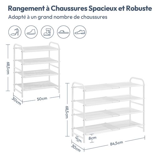 Étagère à Chaussures Extensible à 4 Niveaux En Maille Métallique Organisateur Aéré Blanc