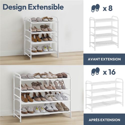 Étagère à Chaussures Extensible à 4 Niveaux En Maille Métallique Organisateur Aéré Blanc