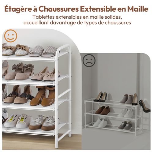 Étagère à Chaussures Extensible à 4 Niveaux En Maille Métallique Organisateur Aéré Blanc