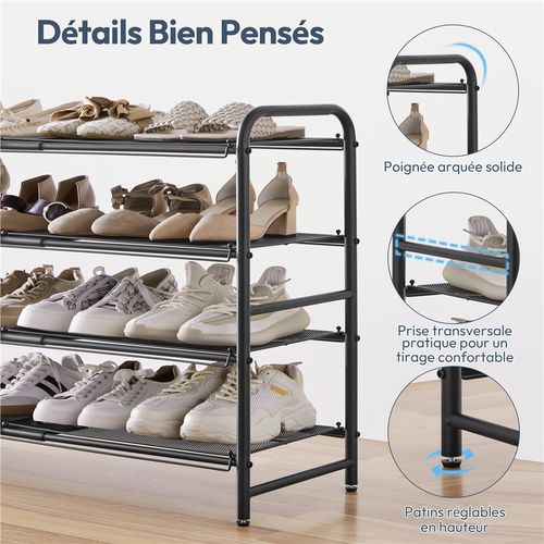 Étagère à Chaussures Extensible à 4 Niveaux En Maille Métallique Organisateur Aéré Noir