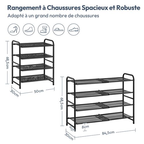 Étagère à Chaussures Extensible à 4 Niveaux En Maille Métallique Organisateur Aéré Noir