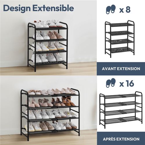 Étagère à Chaussures Extensible à 4 Niveaux En Maille Métallique Organisateur Aéré Noir
