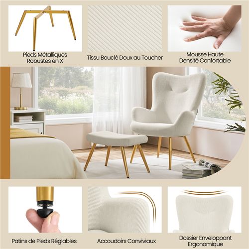 Fauteuil D'appoint Avec Repose-pieds En Velours Côtelé Pieds Métalliques Dorés Ensemble Beige