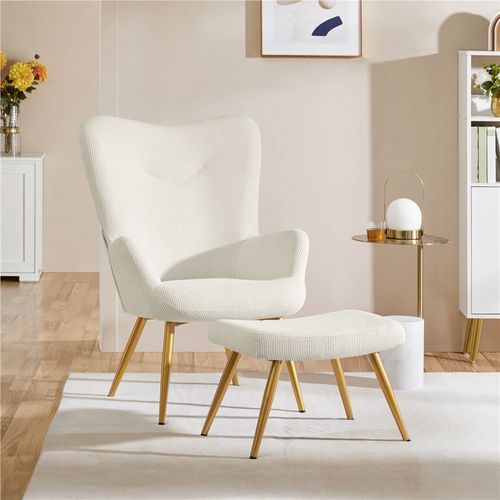 Fauteuil D'appoint Avec Repose-pieds En Velours Côtelé Pieds Métalliques Dorés Ensemble Beige