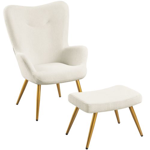 Fauteuil D'appoint Avec Repose-pieds En Velours Côtelé Pieds Métalliques Dorés Ensemble Beige