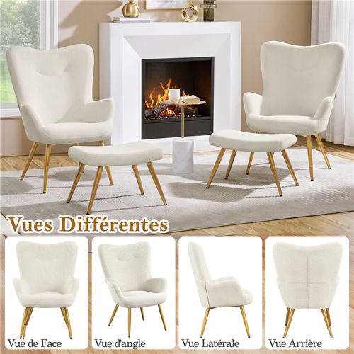 Fauteuil D'appoint Avec Repose-pieds En Velours Côtelé Pieds Métalliques Dorés Ensemble Beige