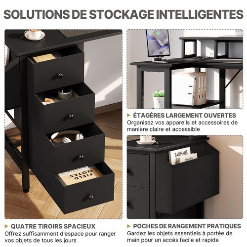 Bureau Gaming Angle Table En L Réversible Avec Support D'écran 4 Tiroirs 2 Étagère  120*68 Cm, Noir