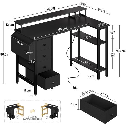 Bureau Gaming Angle Table En L Réversible Avec Support D'écran 4 Tiroirs 2 Étagère  120*68 Cm, Noir