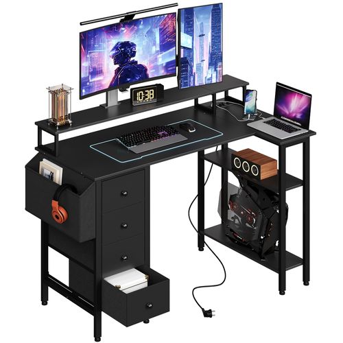 Bureau Gaming Angle Table En L Réversible Avec Support D'écran 4 Tiroirs 2 Étagère  120*68 Cm, Noir