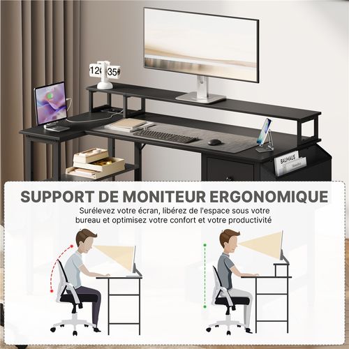 Bureau Gaming Angle Table En L Réversible Avec Support D'écran 4 Tiroirs 2 Étagère  120*68 Cm, Noir