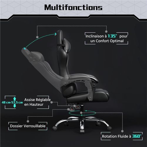 Fauteuil Gaming En Simili Avec Coussin Lombaire Massant Appui-tête Amovible Noir