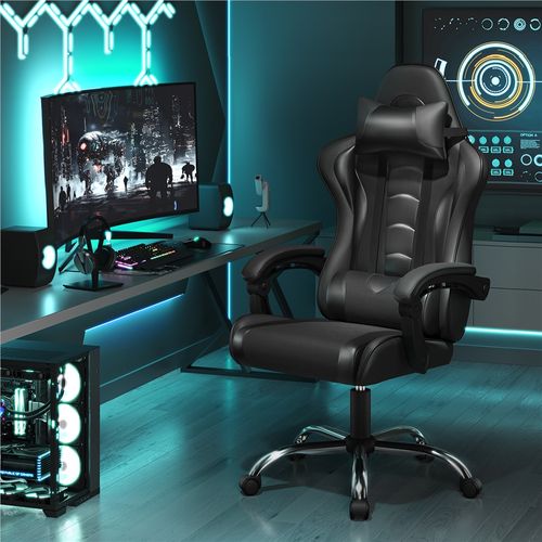 Fauteuil Gaming En Simili Avec Coussin Lombaire Massant Appui-tête Amovible Noir