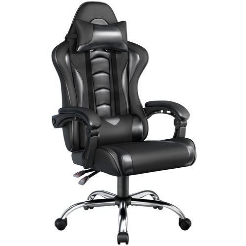 Fauteuil Gaming En Simili Avec Coussin Lombaire Massant Appui-tête Amovible Noir