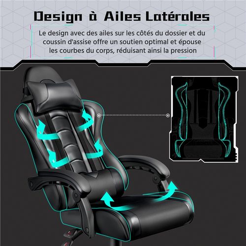 Fauteuil Gaming En Simili Avec Coussin Lombaire Massant Appui-tête Amovible Noir