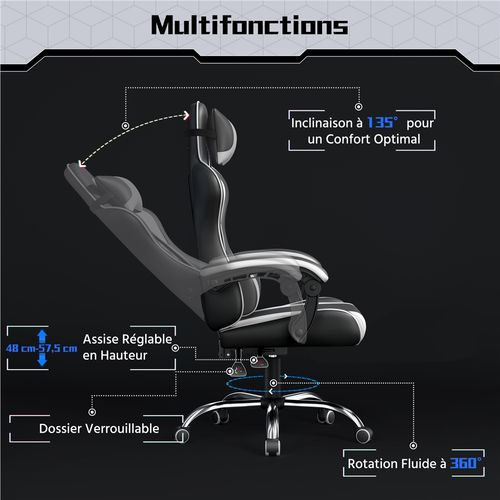 Fauteuil Gaming En Simili Avec Coussin Lombaire Massant Appui-tête Amovible Noir/blanc