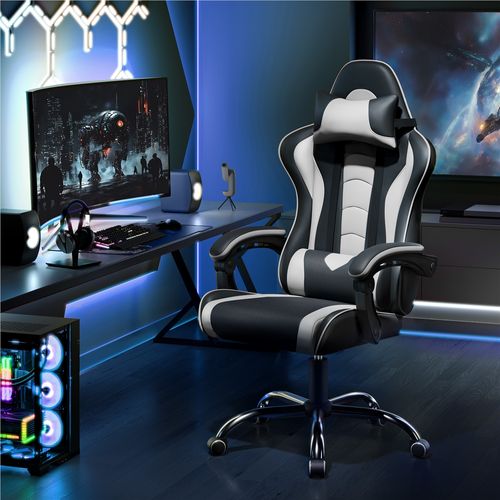 Fauteuil Gaming En Simili Avec Coussin Lombaire Massant Appui-tête Amovible Noir/blanc