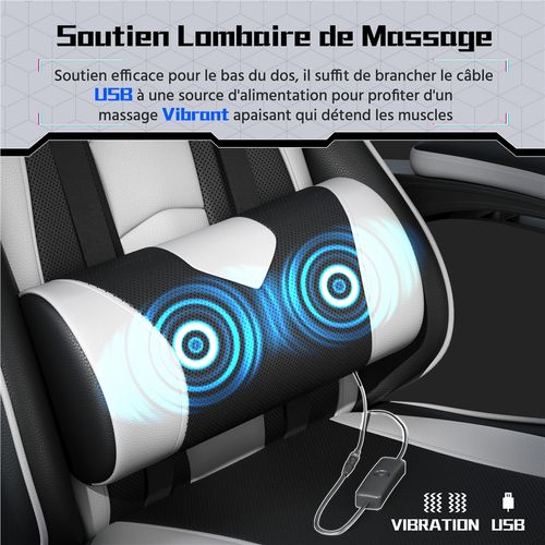 Fauteuil Gaming En Simili Avec Coussin Lombaire Massant Appui-tête Amovible Noir/blanc