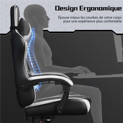 Fauteuil Gaming En Simili Avec Coussin Lombaire Massant Appui-tête Amovible Noir/blanc