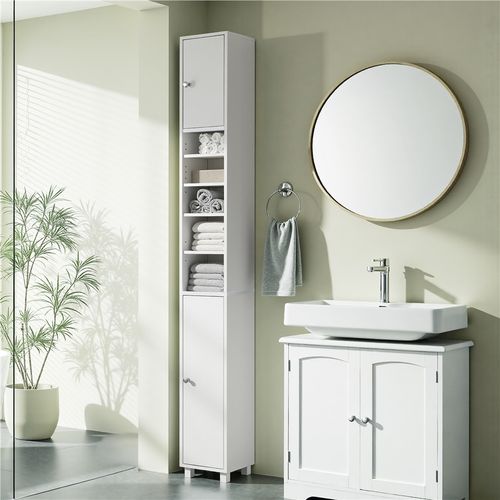 Armoire De Salle De Bain Haute Étroite Colonne Avec Étagère Réglable 181 Cm Blanc
