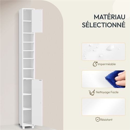 Armoire De Salle De Bain Haute Étroite Colonne Avec Étagère Réglable 181 Cm Blanc
