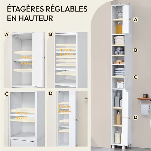 Armoire De Salle De Bain Haute Étroite Colonne Avec Étagère Réglable 181 Cm Blanc