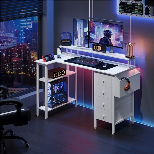 Bureau Gaming Angle Table En L Réversible Avec Support D'écran 4 Tiroirs 2 Étagère 120*68 Cm , Blanc