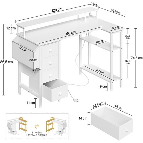 Bureau Gaming Angle Table En L Réversible Avec Support D'écran 4 Tiroirs 2 Étagère 120*68 Cm , Blanc