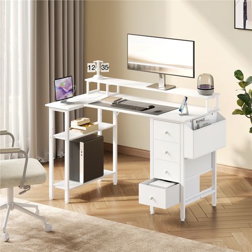 Bureau Gaming Angle Table En L Réversible Avec Support D'écran 4 Tiroirs 2 Étagère 120*68 Cm , Blanc