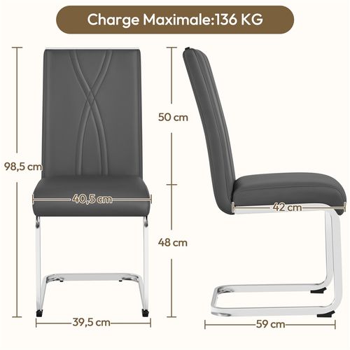 Lot De 2 Ensemble De Chaises De Cuisine En Simili Avec Pieds Métalliques En U Gris