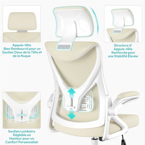 Chaise De Bureau Ergonomique En Maille Avec Accoudoirs Relevables à 90°beige