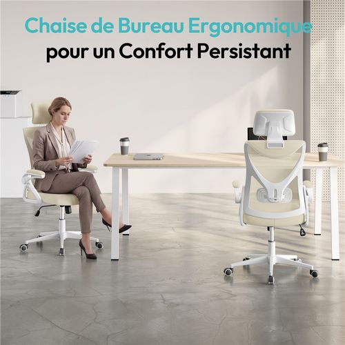 Chaise De Bureau Ergonomique En Maille Avec Accoudoirs Relevables à 90°beige