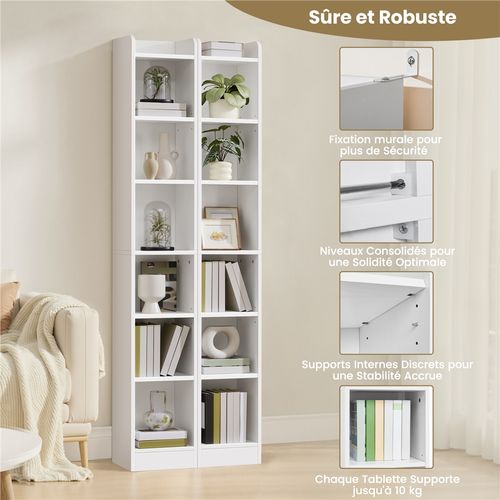 Bibliothèque Étroite Ouverte à 7 Niveaux Étagère Haute Blanc