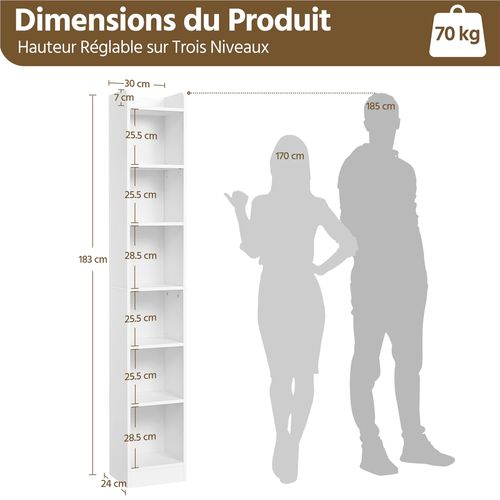 Bibliothèque Étroite Ouverte à 7 Niveaux Étagère Haute Blanc