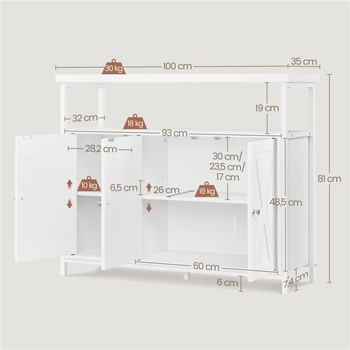 Buffet De Cuisine En Bois Bahut Avec 3 Portes Étagères Réglables Blanc