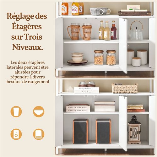 Buffet De Cuisine En Bois Bahut Avec 3 Portes Étagères Réglables Blanc
