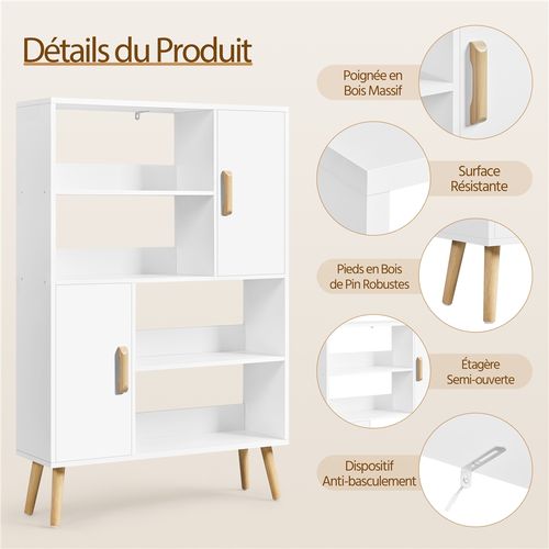 Bibliothèque à 4 Niveaux Avec 2 Armoires De Rangement Scandinave Blanc