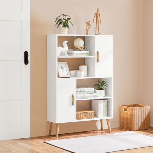 Bibliothèque à 4 Niveaux Avec 2 Armoires De Rangement Scandinave Blanc